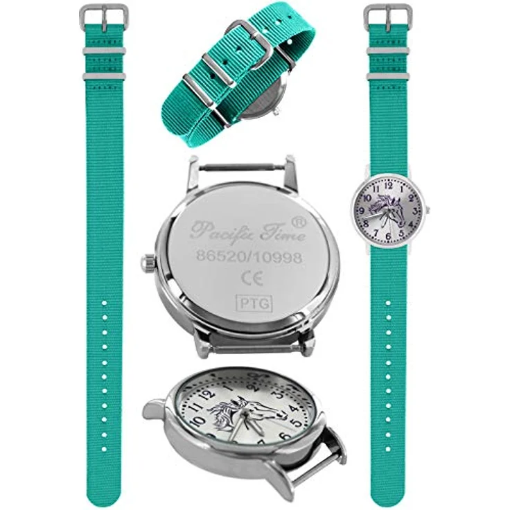 Pacific Time Mädchen Uhr Pferde, analoge Quarz-Armbanduhr mit türkisem Textil-Wechselarmband, leuchtende Zeiger, 3,2 cm Gehäusedurchmesser – Bild 3