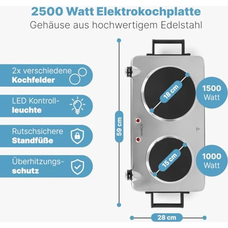 Bomann DKP 5033 E CB Edelstahl-Doppelkochplatte - 2 stufenlos regelbare Thermostate - 2500 W – Bild 2