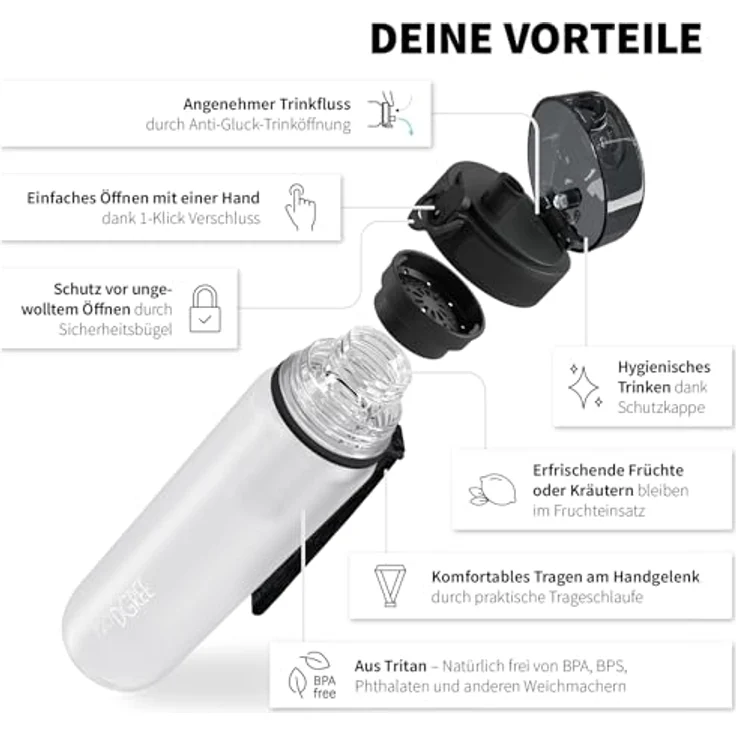 Trinkflasche Wasserflasche Fruchteinsatz 0,5L - BPA-Frei uberBottle 720 DGREE snow white – Bild 2