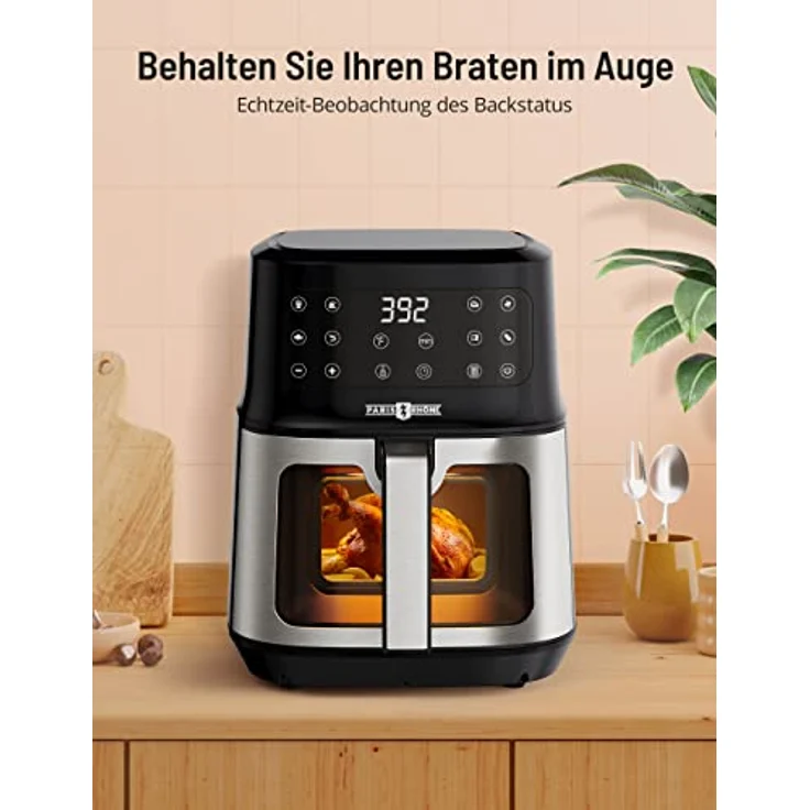 PARIS RHÔNE Heißluftfritteuse 4L XL mit Sichtfenster, 8-in-1 airfryer spülmaschinenfest mit One-Touch-Bedienung, antihaftbeschichteter Korb & abnehmbares Tablett – Bild 2