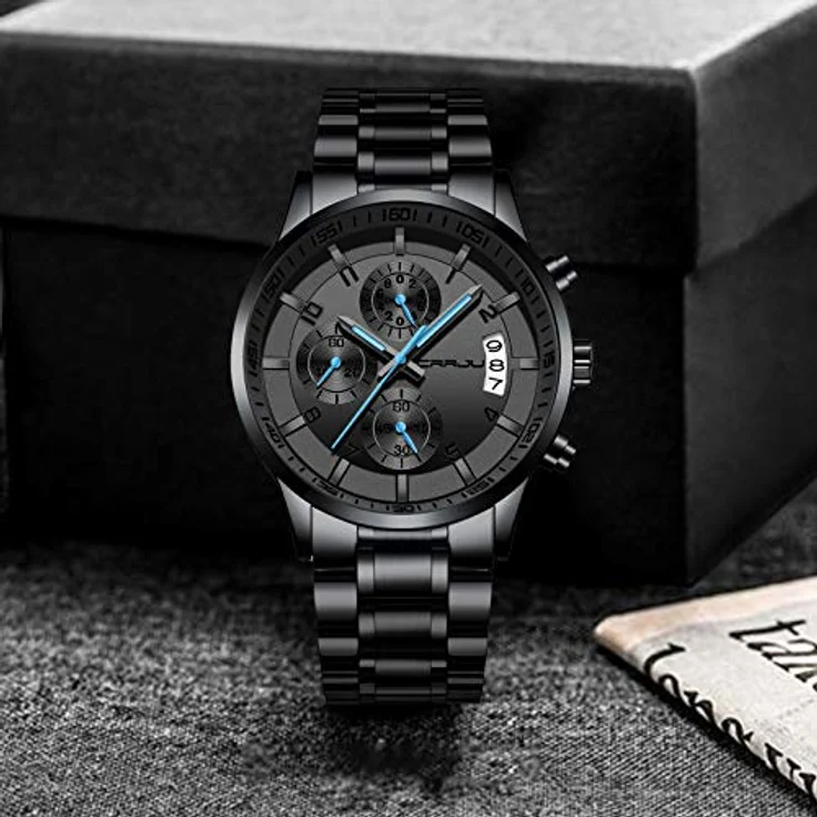 CRRJU Herren Chronograph Armbanduhr, wasserdicht mit Edelstahlarmband und Kalender, schwarz-blau – Bild 4