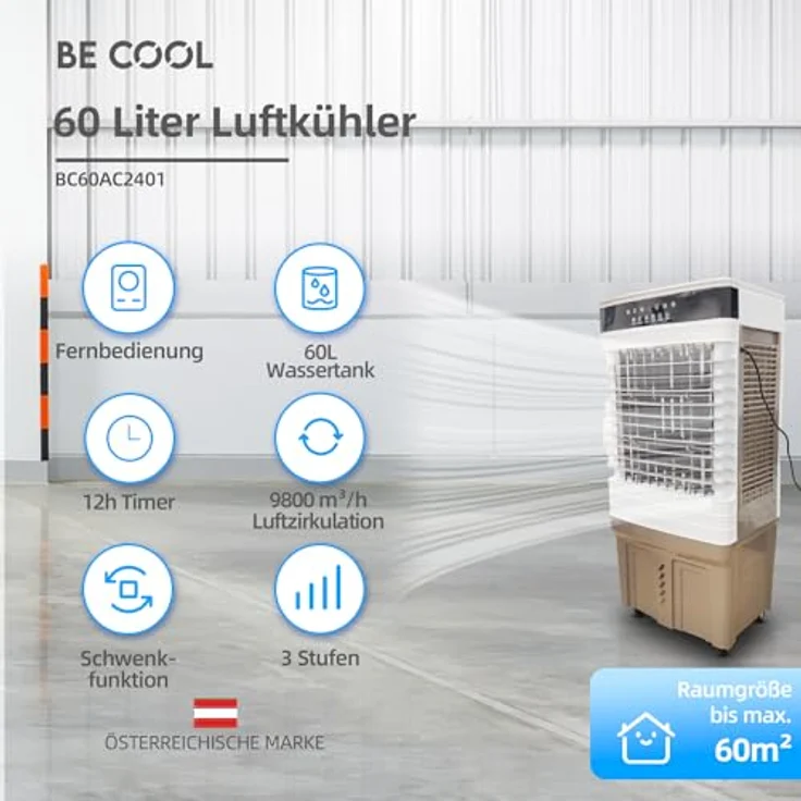 be cool Ventilatorkombigerät Mobiler Luftkühler 60 Liter, Wasserkühlung, 60L Wassertank, leistungsstark mit 150 Watt, für Räume bis zu 60m², mit 120° Schwenkfunktion, Touch-Bedienfeld und Fernbedienung, in Schwarz – Bild 2
