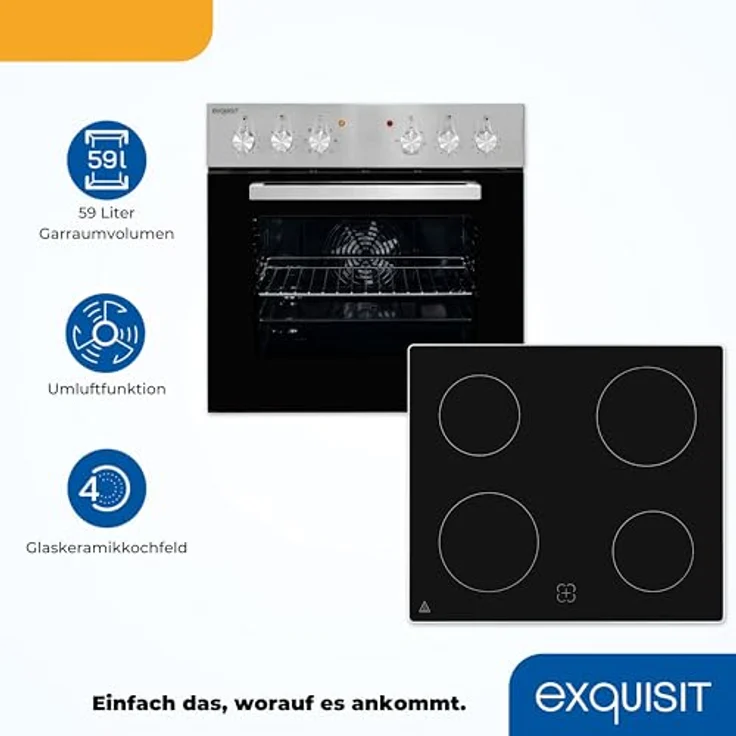 Exquisit Einbauherdset EHE156-2.1U-Set inox, 59 l Garraum, 7 Backofenfunktionen, Kochfeld mit Rahmen, Energieklasse A – Bild 3