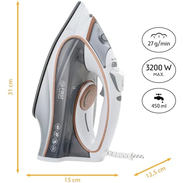 TZS First Austria Dampfbügeleisen I 2800-3200W I Keramiksohle I Selbstreinigung I Vertikaldampf I Anti-Kalk I Trockenbügeln I 0,45l Wassertank I 1.3kg | weiß – Bild 2