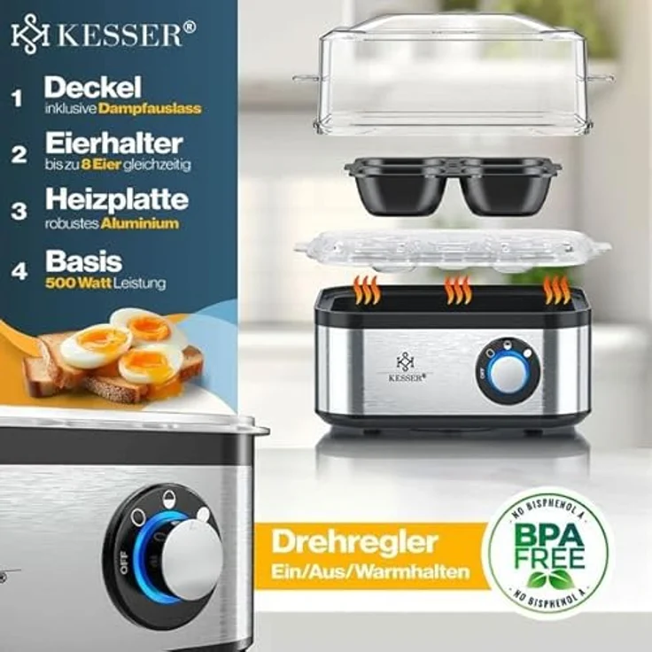KESSER® Eierkocher für 1 bis 8 Eier, elektrisch aus Edelstahl 500W mit Warmhaltefunktion, LED-Drehschalter, drei Härtegrade, BPA-frei & spülmaschinenfest, inkl. Messbecher, Eierhalter & Omlettschale, Silber – Bild 4