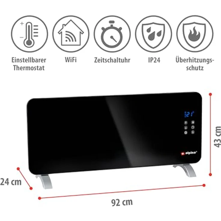 alpina Elektroheizkörper 2000W - Heizkonvektor mit Einstellbarer Temperatur - Timerfunktion, Schwarz – Bild 2