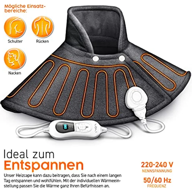 sinnlein Heizkissen elektrisch für Schulter, Nacken und Rücken | Heizcape mit 3 Temperaturstufen & Abschaltautomatik | Wärmekissen mit Abschaltautomatik und 100W – Bild 2