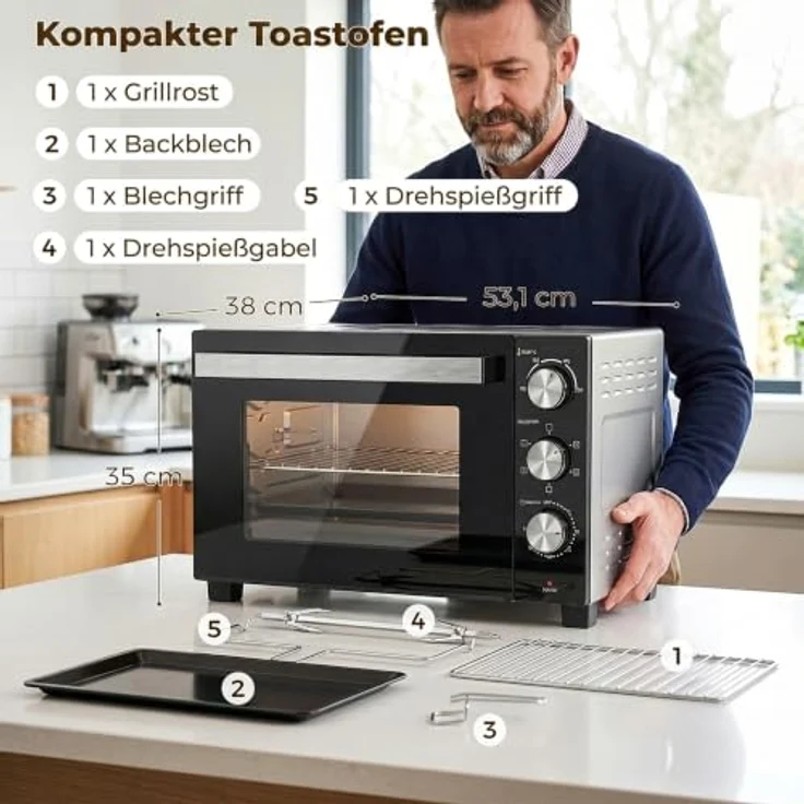 HOMCOM Mini Backofen mit Umluft, 36L, Drehspieß, 1500W, Silber, 90–230℃, 60 Min. Timer – Bild 3