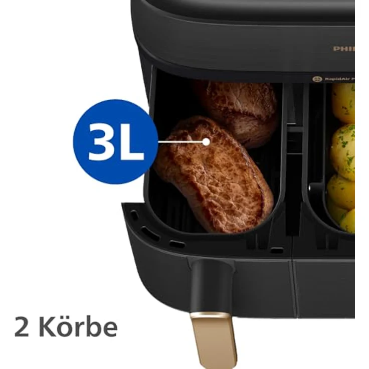 Philips Heißluftfritteuse 5000 Series NA552/00, Dual Basket mit Steam und 9L Kapazität (6L+3L), 2750 W, RapidAir Plus Technologie, Dampfreinigung, HomeID App, Schwarz/Kupfer – Bild 7