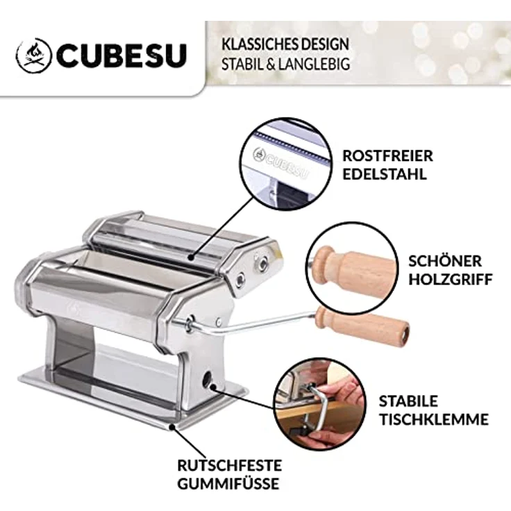 Cubesu Nudelmaschine manuell, Edelstahl Pasta-Maker mit Holzgriff, 9 Nudelformen, rutschfest, leichte Reinigung – Bild 3