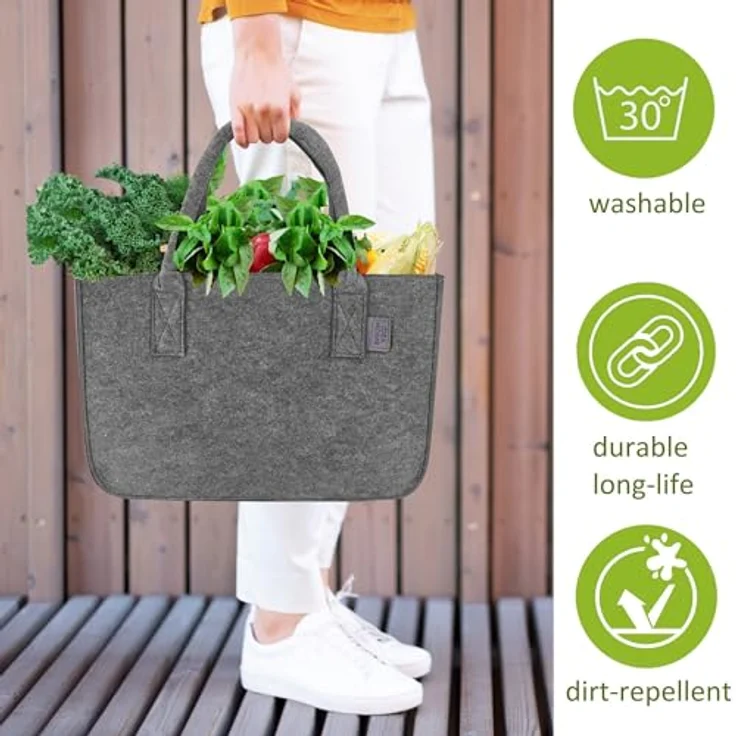IDEA HOME Filztasche Shopper XXL, 30 Liter zusammenklappbare Einkaufstasche in Dunkelgrau/Schwarz, multifunktional für Einkäufe, Spielzeug und Kaminholz – Bild 3