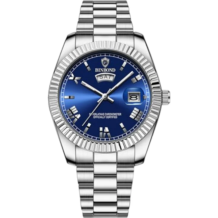 JewelryWe Herrenuhr Edelstahl, 30m wasserdicht, Analoguhr mit Leuchtzeigern, Blau römische Ziffern, Datum und Wochentag, Silber Edelstahlarmband – Bild 1