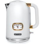 MUSE Edelstahl Retro Wasserkocher mit analoger Temperaturanzeige, mit Filter, transparenter Skala, 1,7L Fassungsvermögen, Automatische Abschaltung, matt weiß-gold (MS-030 W)