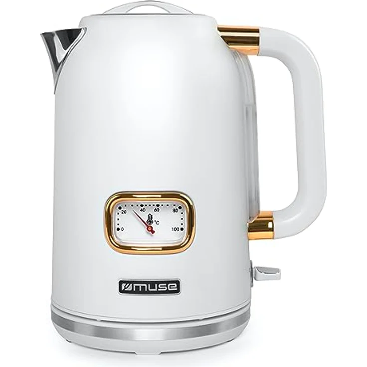 MUSE Edelstahl Retro Wasserkocher mit analoger Temperaturanzeige, mit Filter, transparenter Skala, 1,7L Fassungsvermögen, Automatische Abschaltung, matt weiß-gold (MS-030 W) – Bild 1
