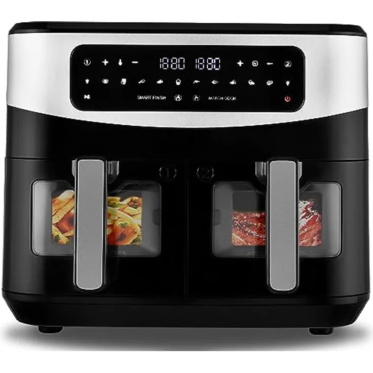 Venga! Doppel-Heißluftfritteuse, 2x 4,5 L Fassungsvermögen, 9 voreingestellte Kochprogramme, innovative Match Cook & Smart Finish Funktionen, 2 600 W, Schwarz/Silber, VG AFT 3008
