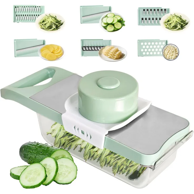 FELIXLEO 6 in 1 Zerkleinerer Mandoline Gemüsehobel aus Edelstahl mit Fingerschutz, grün