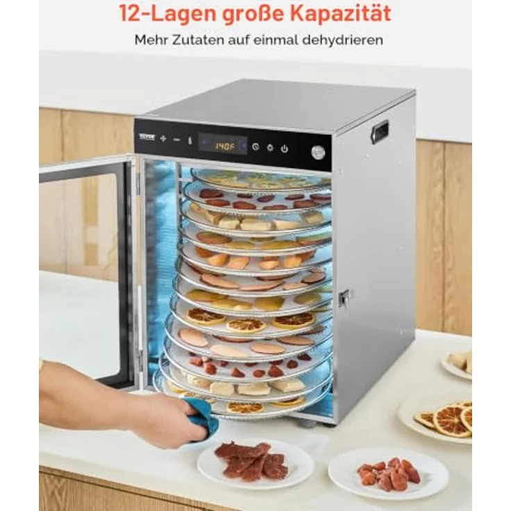 VEVOR Dörrgerät Dörrautomat 12 Edelstahlschalen, 800 W mit einstellbarer Temperatur und 24-Stunden-Timer für Trockenfleisch, Obst, Gemüse und Kräuter – Bild 4