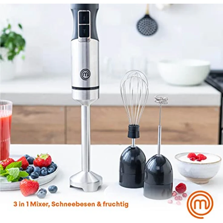 MasterChef Stabmixer Edelstahl 3 in 1, Pürierstab mit Elektrische Schneebesen & Hand Milchaufschäumer, Hand Blender mit 2 Geschwindigkeitsstufen, Zauberstab Küchengerät, Spülmaschinenfest, 600w – Bild 2