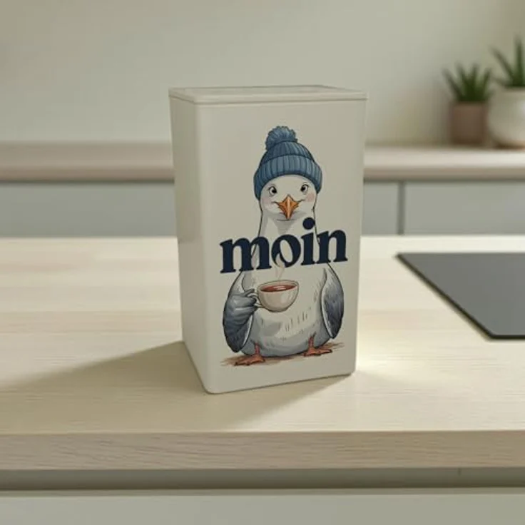 speecheese Möwe trinkt Friesentee Teedose 900ml, maritimes Design mit blau-weiß gestreifter Mütze und Schriftzug "MOIN" – Bild 2