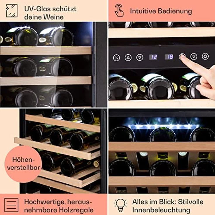 Klarstein Vinamour 73 Duo Weinkühlschrank, freistehend, silber, 73 Flaschen, 2 Temperaturzonen, 5-18°C, Touch, Energieklasse G – Bild 6
