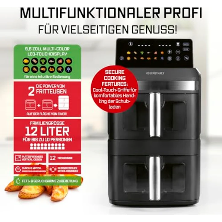 GOURMETmaxx FryUp XL, vertikale Doppelkammer Heißluftfritteuse mit 12 L und Sichtfenster, 2800 W, schwarz, mit 9,6 Zoll Multi-Colour LED-Touchdisplay & 12 Programmen – Bild 3