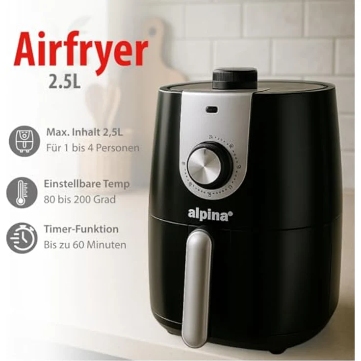 Alpina Heißluftfritteuse, 900W mit einstellbarem Temperaturbereich von 80-200°C – Bild 2