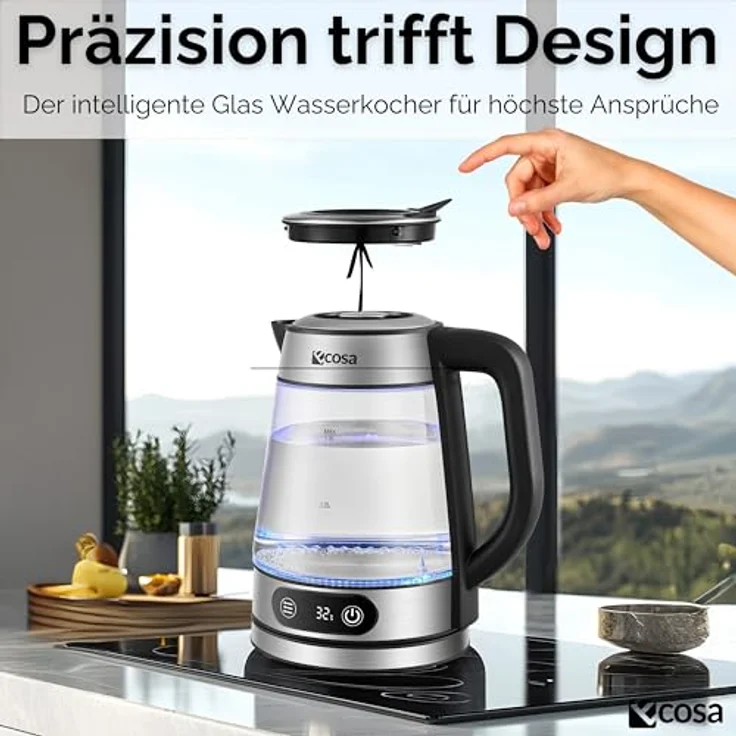 Ecosa® Glas Wasserkocher mit Temperatureinstellung, 1,8 Liter, 2.200 Watt, Edelstahl, LED-Beleuchtung, Warmhaltefunktion, Memory-Funktion, 100% BPA-frei – Bild 4