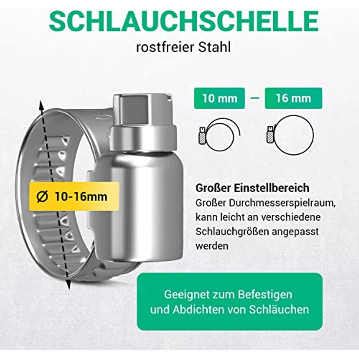 Schlauchschellen Chromstahl Schlauchklemmen Schellen 1x 10-16mmØ Schelle Waschmaschinenschlauch Rohrschellen für Schlauch Poolschlauch Waschmaschine Pool Klemmschelle Waschmaschine Abfluss Adapter – Bild 2