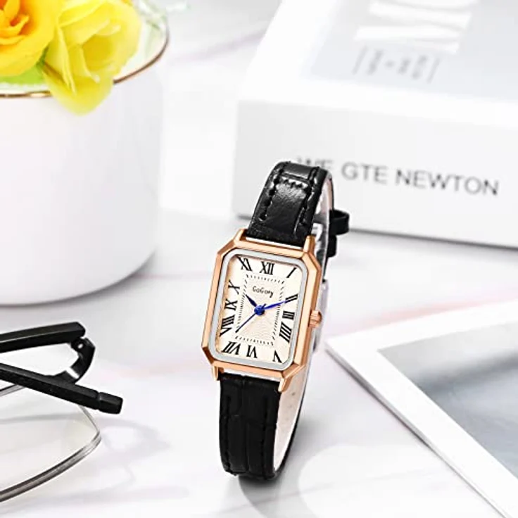 JewelryWe Damen Analog Quarz Armbanduhr mit römischen Ziffern, rechteckigem Gehäuse und schwarzem Lederarmband, wasserdicht – Bild 5