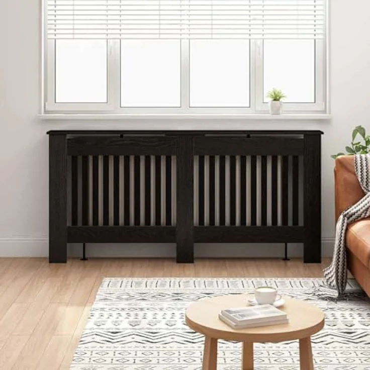 vidaXL Heizkörperabdeckung Schwarz Eichen-Optik 172 x 19 x 81,5 cm, Moderner dekorativer Wärmeschutz aus Holzwerkstoff, kindersicher mit vertikalen Schlitzen – Bild 2