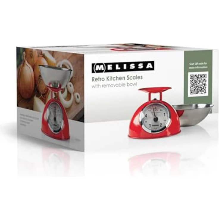 Melissa Retro-Küchenwaage Analog, Metallgehäuse mit abnehmbarer Schale, max. 5kg, 25-Gramm-Schritt, rot – Bild 6