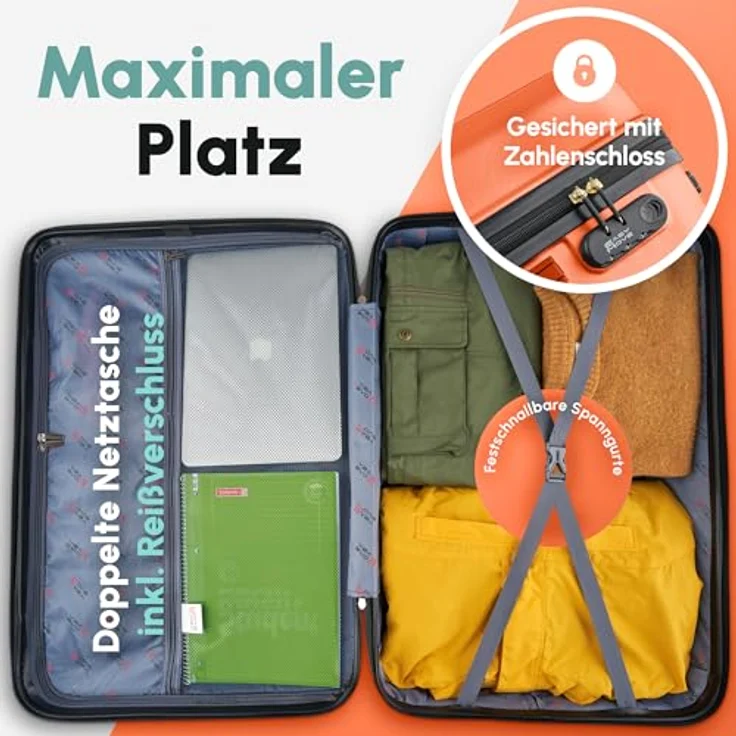 Easy Move ABS Hartschalenkoffer, Mittelgroßer Trolley Koffer mit 360° Rädern, Zahlen-Schloss, Ergonomischer Griff, orange, 65 cm – Bild 4
