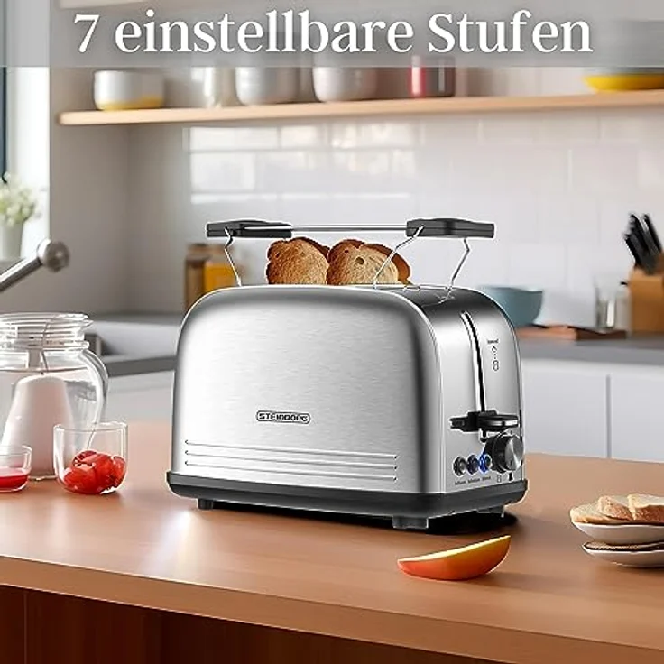 Edelstahl Toaster mit Brötchenaufsatz | Toaster 2 Scheiben | Doppelschlitz Toaster | 7 Stufen | 4 Funktionen| Toastautomat | Krümelschublade – Bild 3