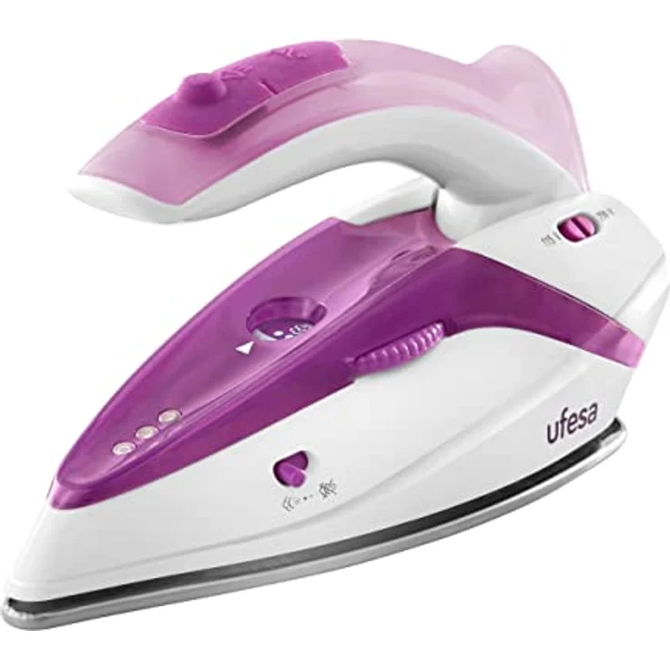 UFESA PV0500 Reisedampfbügeleisen, Reise Dampfbügeleisen, mit Klappgriff, 1.100 W Maximum, Doppelspannung 110 - 230V, weiß und violett, Edelstahl Sohle – Bild 2