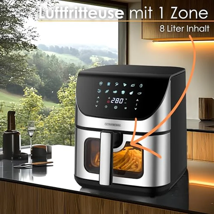 Steinborg Heißluftfritteuse 8 Liter 4 in 1 Sichtfenster Mini Backofen Grillen Backen Dörren Frittieren Heissluftfritteuse Friteuse ohne Öl Air Fryer Heißluftofen Heißluftgrill Fritteuse Dörrautomat, 1700 Watt, 60-200°C, 60 min Timer, Antihaftbeschichteter Frittierkorb, Automatische Abschaltung – Bild 3