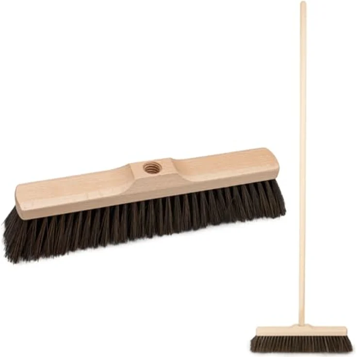 Prima-Online Holz Besenkopf Hausbesen mit Stiel, 35 cm Breite, 22 mm Gewinde, wahlweise 120 cm oder 150 cm Stiellänge, PET-Borsten in braun/schwarz – Bild 1