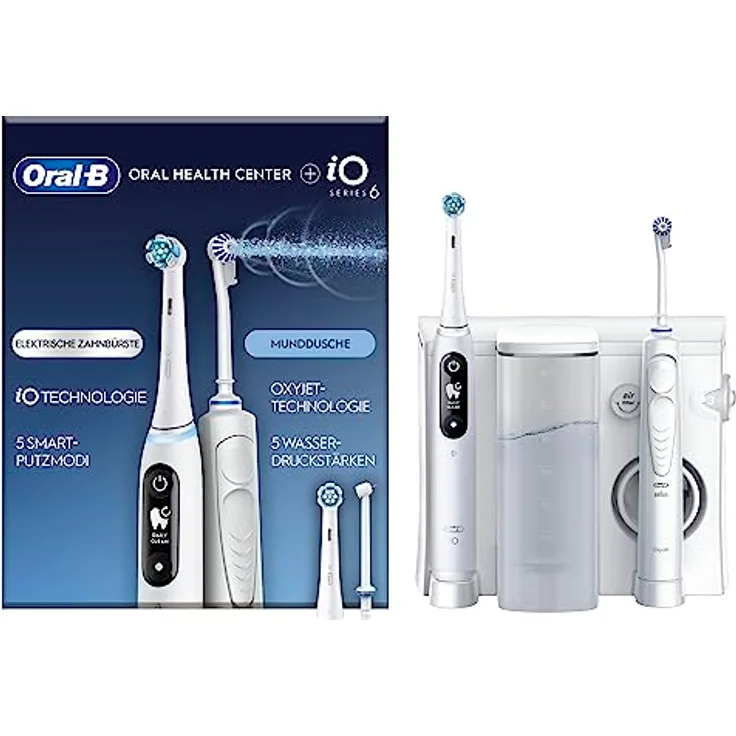 Oral-B iO Series 6 Elektrische Zahnbürste mit OxyJet Munddusche, 2 Aufsteckbürsten, 2 Ersatzdüsen, Set für Zahnreinigung und Zahnpflege, Geschenk Mann/Frau, Designed by Braun, weiß