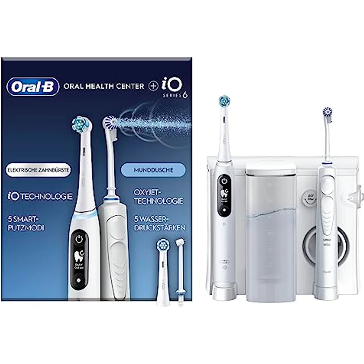 Oral-B iO Series 6 Elektrische Zahnbürste mit OxyJet Munddusche, 2 Aufsteckbürsten, 2 Ersatzdüsen, Set für Zahnreinigung und Zahnpflege, Geschenk Mann/Frau, Designed by Braun, weiß – Bild 1
