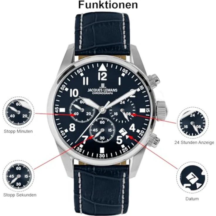 Jacques Lemans Herren Uhr 42-2B Chronograph, Edelstahl, Leder dunkelblau – Bild 2
