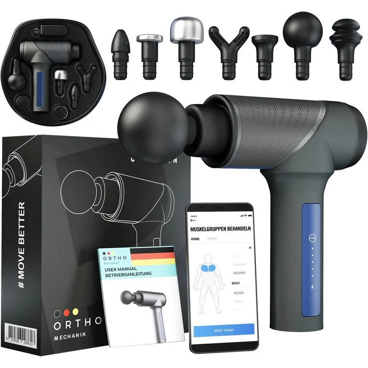 Ortho Mechanik Orthogun 2.0, 5 Gang Massage Gun zur Regenerierung für Profisportler und Trainer, leistungsstarker Motor, 7 Aufsätze, blau