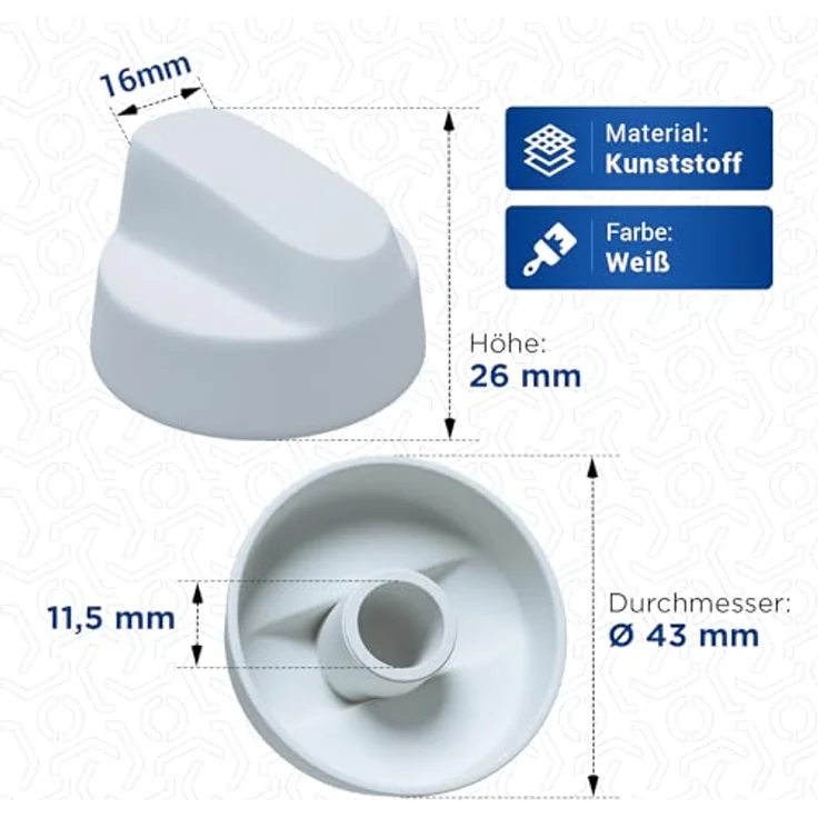 VIOKS Drehknopf Herd Universal 43mmØ Herd Knebel Weiß mit 5 Adaptern - Herd Zubehör aus Kunststoff - Knöpfe & Schalter für Backöfen & Herde – Bild 3