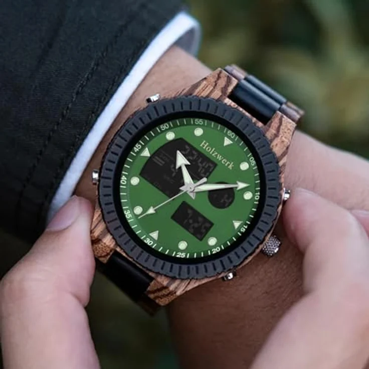 Holzwerk Germany Handgefertigte Designer Herren-Uhr Öko Natur Holz Analog-Led Armbanduhr Led Braun Schwarz – Bild 3