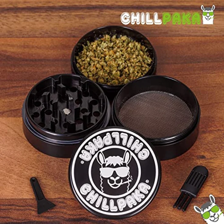 CHILLPAKA® Premium Keramik Grinder Crusher | ø63mm groß Schwarz | messerscharfe Kräutermühle mit haftfreier Keramikbeschichtung | inkl. Pollenschaber + Pinsel – Bild 4