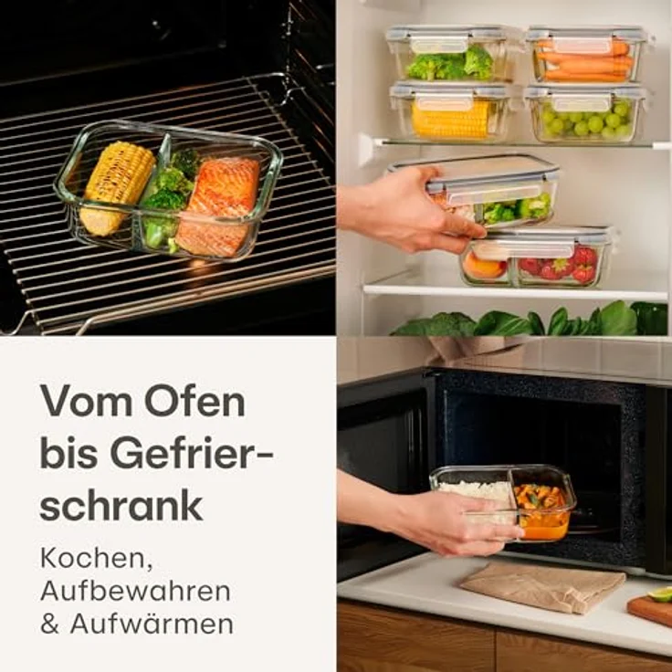 Praknu Lunchbox Frischhaltedosen Set 2 Kammer, Borosilikatglas, BPA-freier Kunststoffdeckel, Silikon, (Set), Ofenfest, Einfrieren, 1000 ml - Bento Box - Tupper – Bild 4