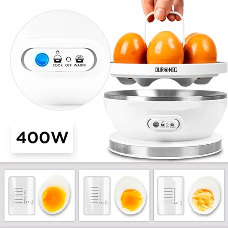 Duronic EB27 WE Eierkocher für 1–7 Eier, 400 W mit Härtegradeinstellung, Timer & Überhitzungsschutz, inkl. Messbecher und Eipick, weiß – Bild 3
