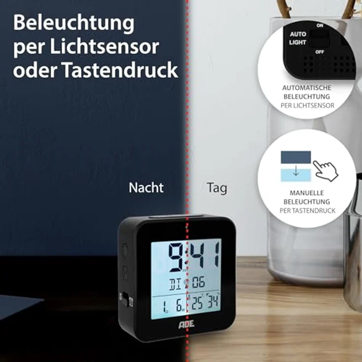 ADE Funkwecker digital funk mit Temperatur und Luftfeuchtigkeit, automatischer Lichtsensor, 2 Weckzeiten, Schlummerfunktion – Bild 4