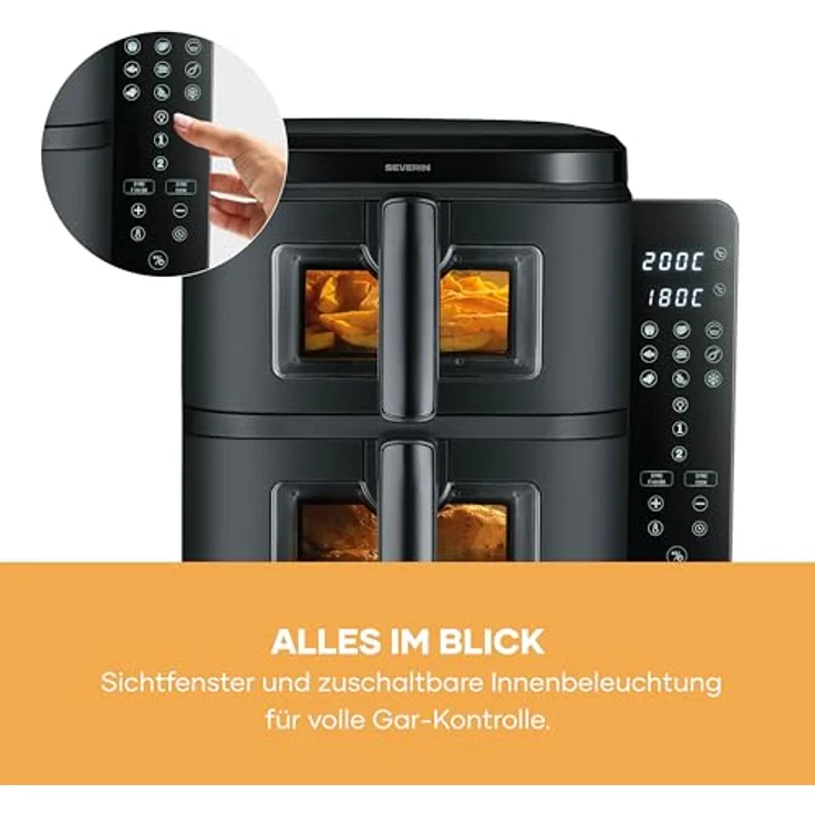 SEVERIN Severin® S-Fry Duo Stack Heißluftfritteuse FR 9598, 11 Liter, 9 Automatikprogramme, einklappbares LED-Touch-Display – Bild 9