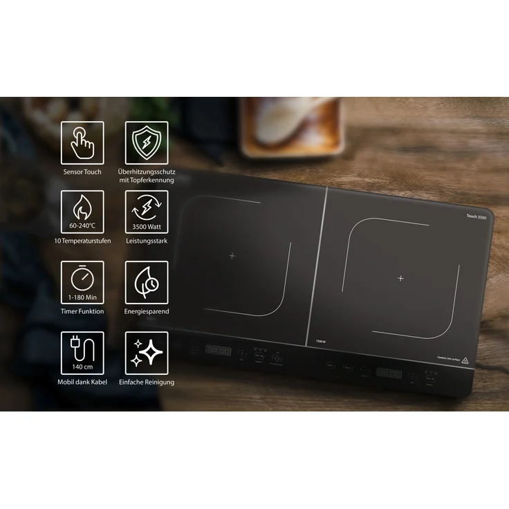 Caso 3500 Touch Kochplatte, Induktion, Doppelinduktionskochfeld, Timer & Digitalanzeige, Touch-Control, 60,5 x 36 cm, schwarz – Bild 2