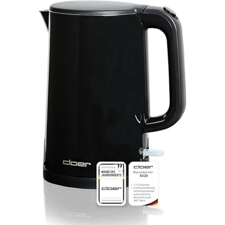Cloer 4320 Wasserkocher 1,5 L, 1500 W, Edelstahlbehälter, automatische Abschaltung, Überhitzungsschutz, Kunststoffgehäuse schwarz