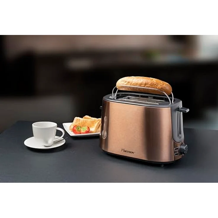 Bestron Toaster mit 2 Röstkammern, Krümelschublade und Brötchen-Röstaufsatz, 1.000 W, Edelstahl in Kupfer-Optik – Bild 4
